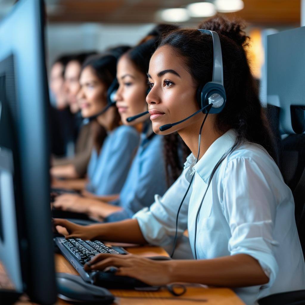 Call Center with international races CSRs wearing headsets in front of their computers